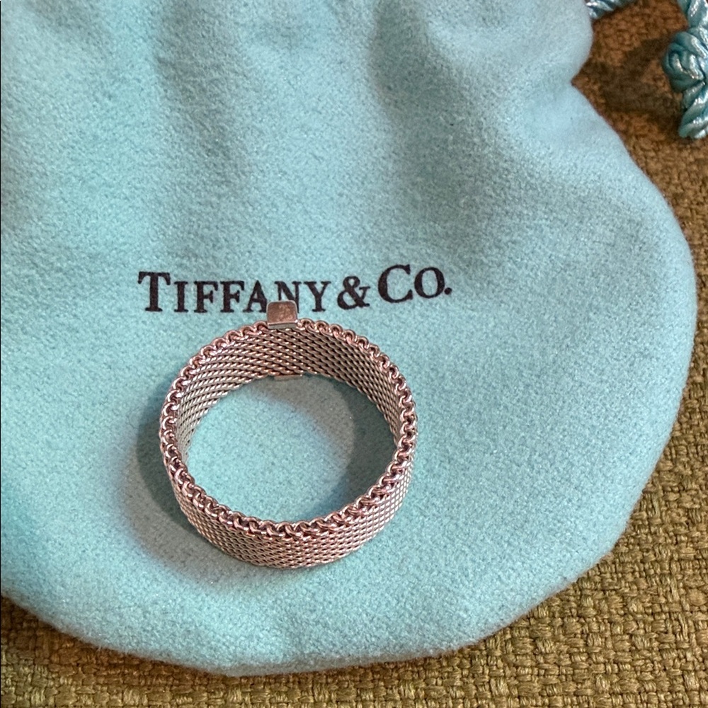Tiffany & Co. AUTHENTIC Silver Mesh Ring with Diamond Bar - Picture 3 of 6